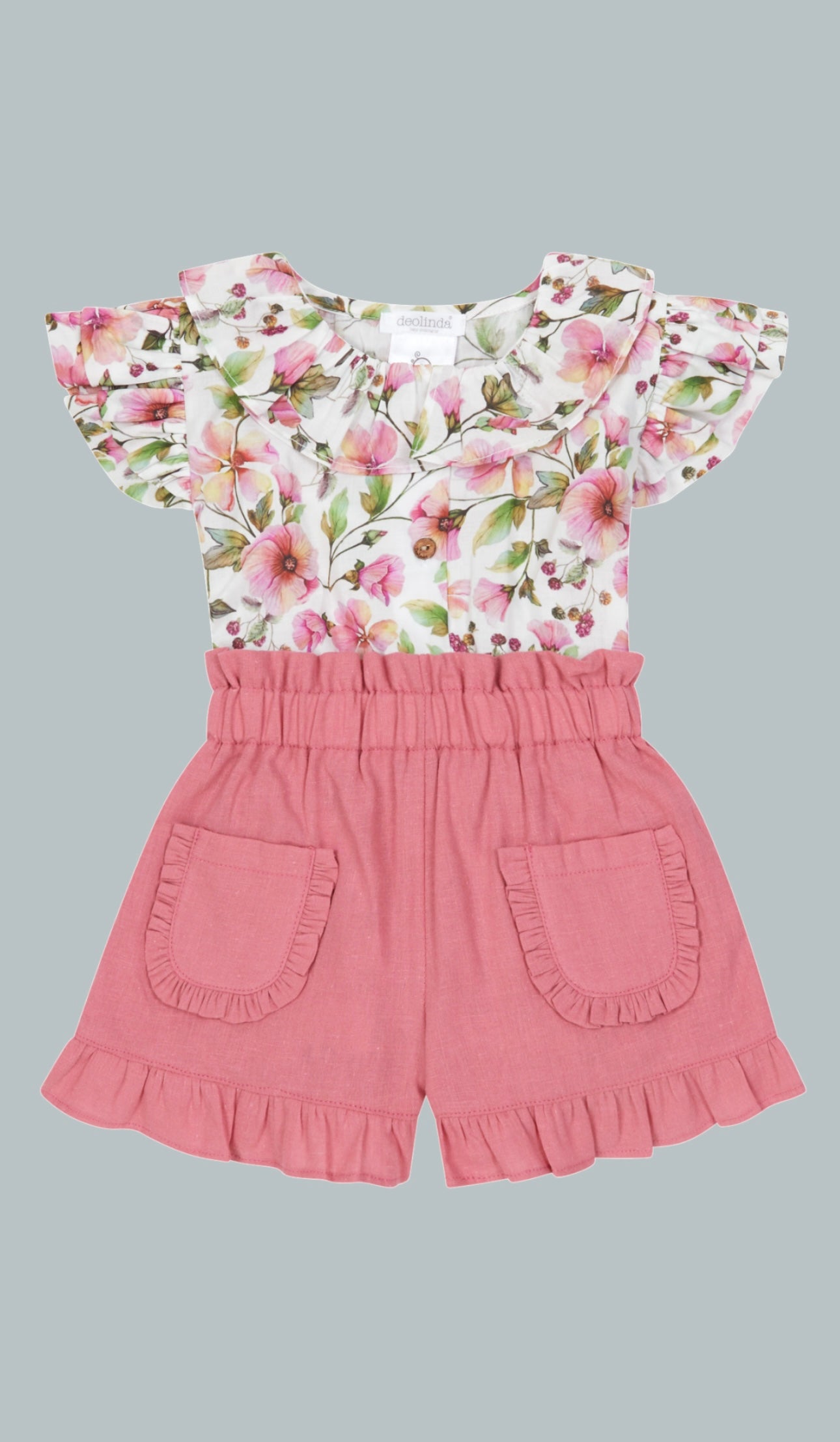 girl's pink floral shorts and linen blouse set for easter and spring.