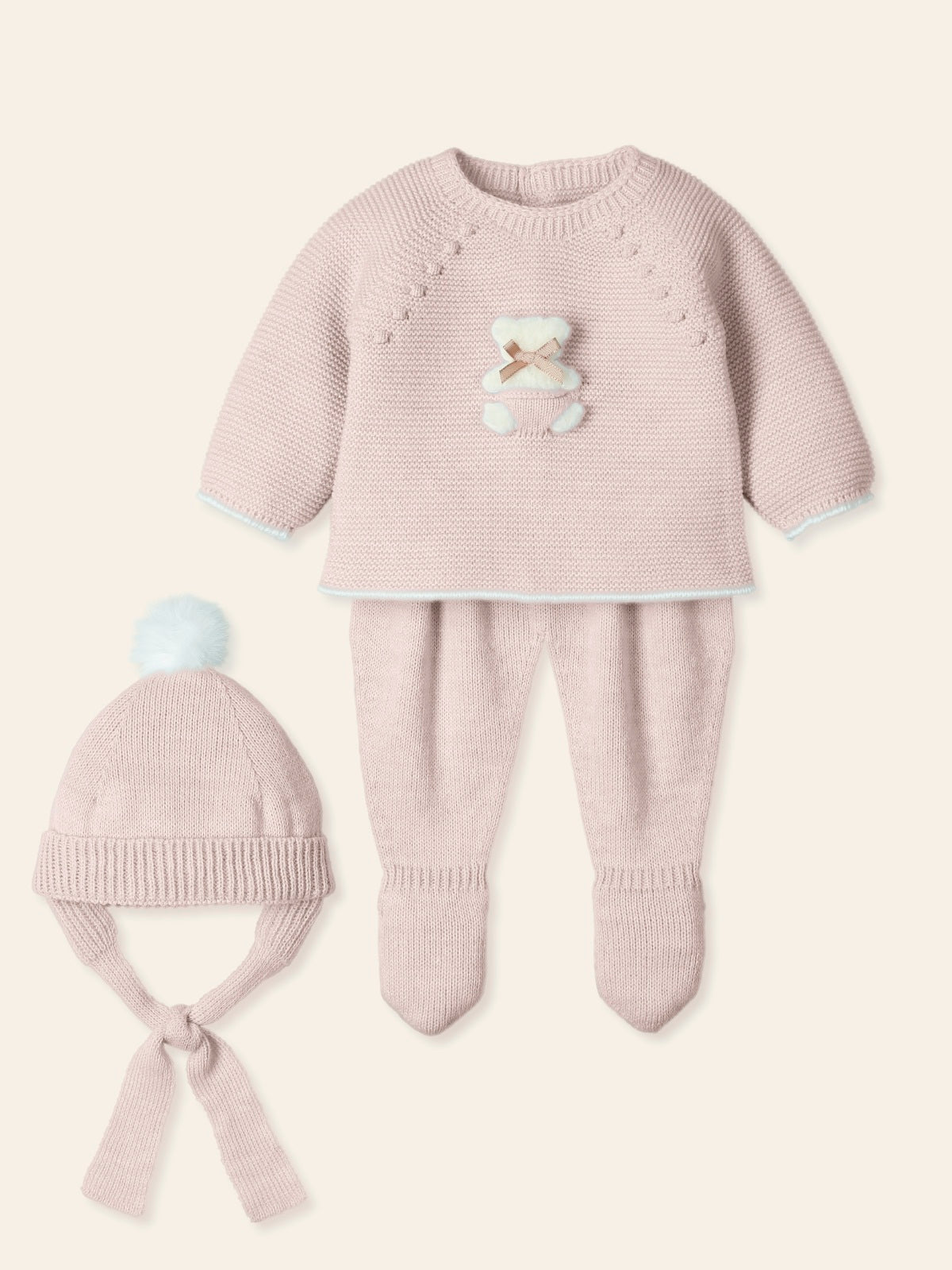 baby knitwear sweater, hat, and leggings set