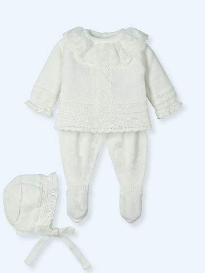 baby knitwear sweater, hat, and leggings set in ceremony white