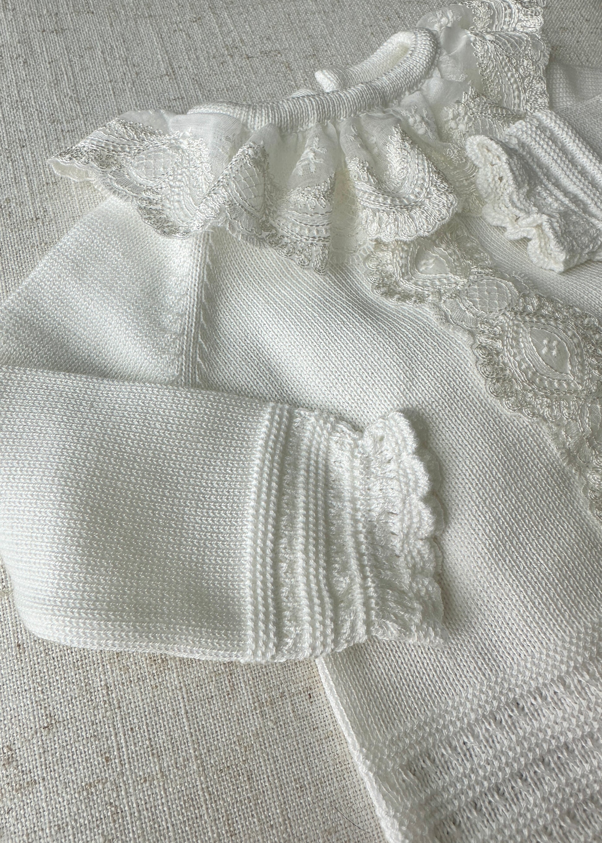 White Hand knitted newborn baby outfit for baptism, christening, church ceremony