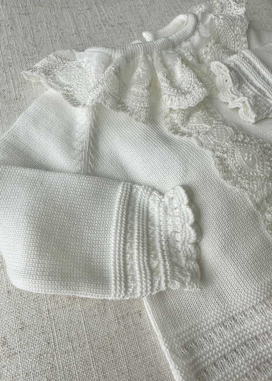 White Hand knitted newborn baby outfit for baptism, christening, church ceremony