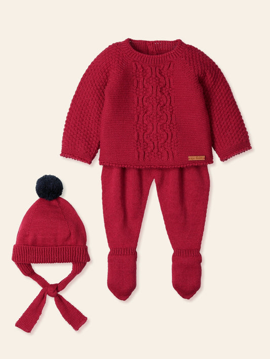 baby knitwear sweater, hat, and leggings set in Christmas red