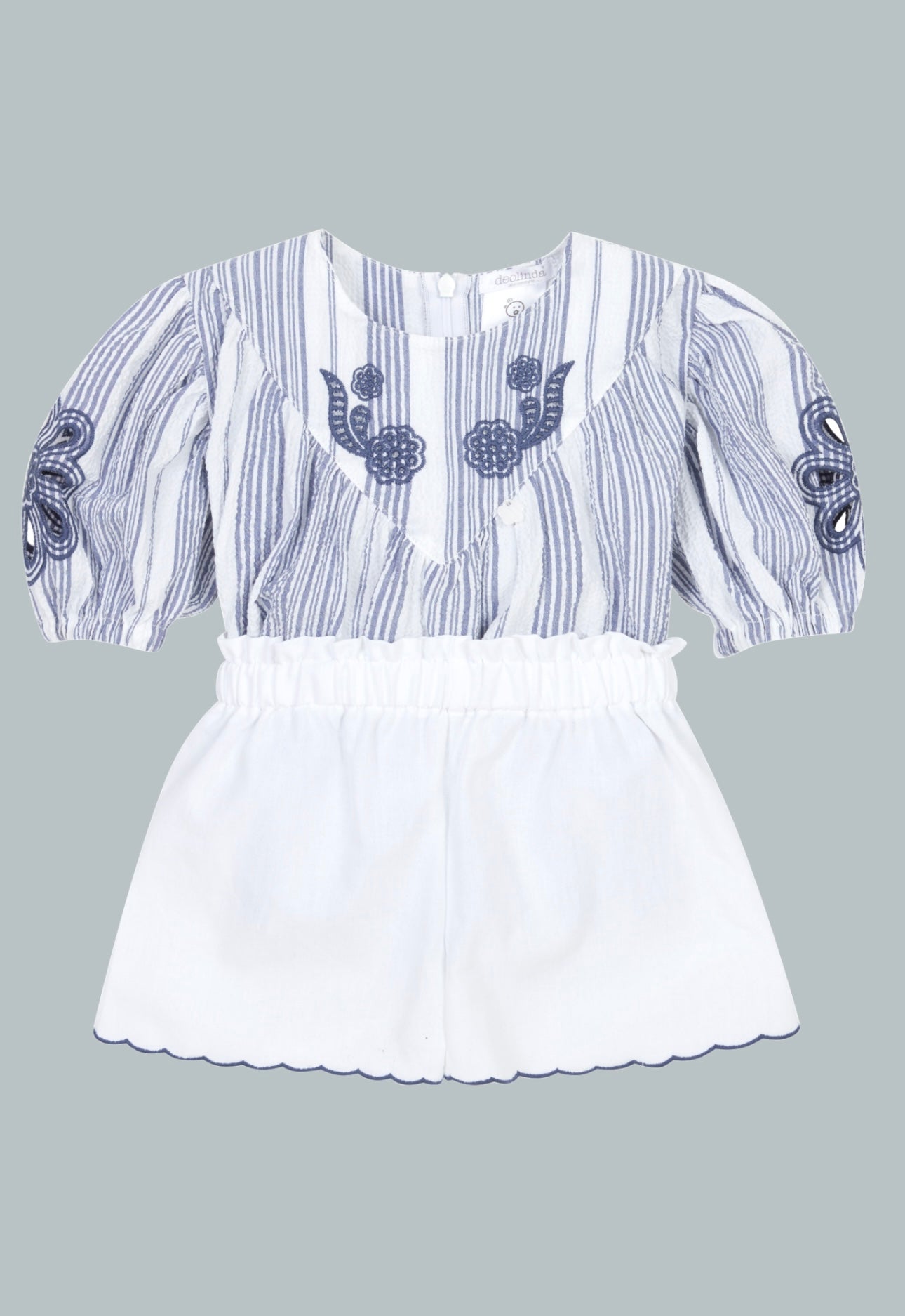 girl's blue and white striped blouse and short set. handmade embroidered details give it a nautical theme.