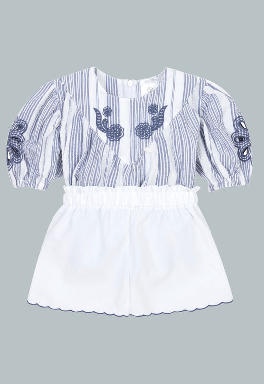 girl's blue and white striped blouse and short set. handmade embroidered details give it a nautical theme.