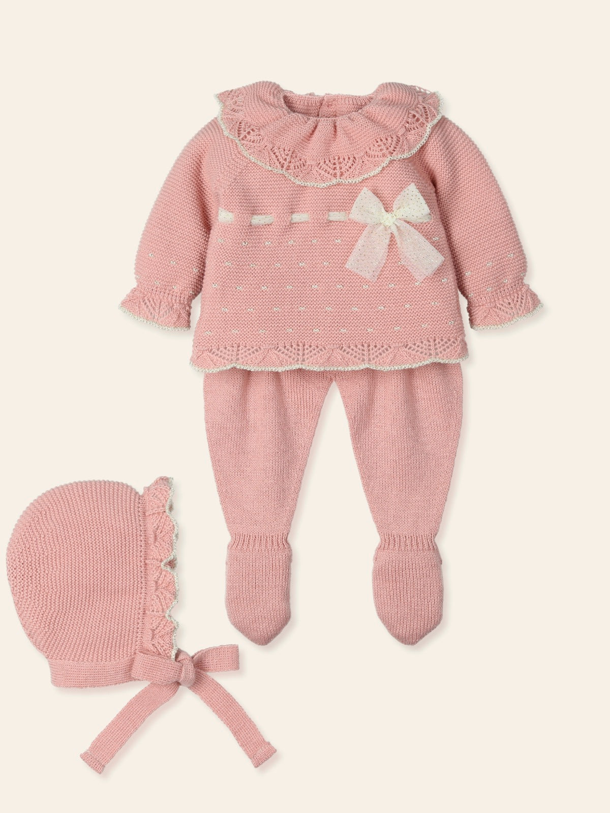 pink 3-piece hand knitted baby outfit with glitter organza trim