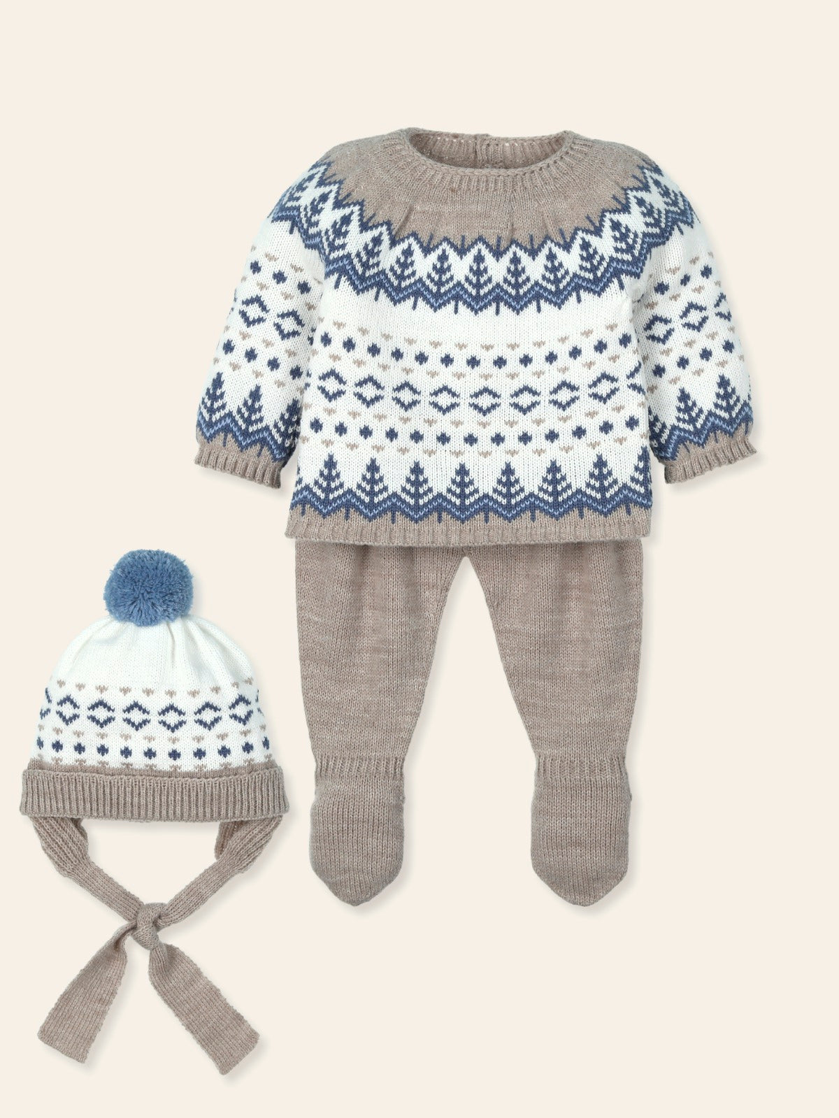 baby knitwear sweater, hat, and leggings set in winter print