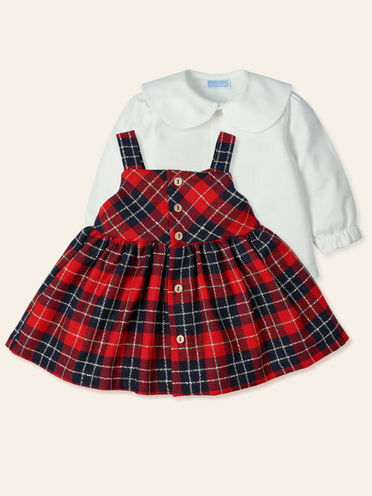 2-piece holiday dress for girls includes collared blouse and red tartan apron dress.