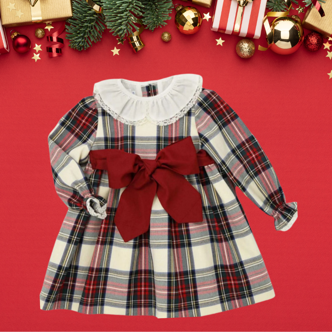 handmade holiday dress for girls in classic red plaid with big red bow