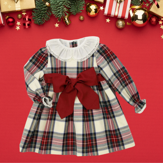 handmade holiday dress for girls in classic red plaid with big red bow