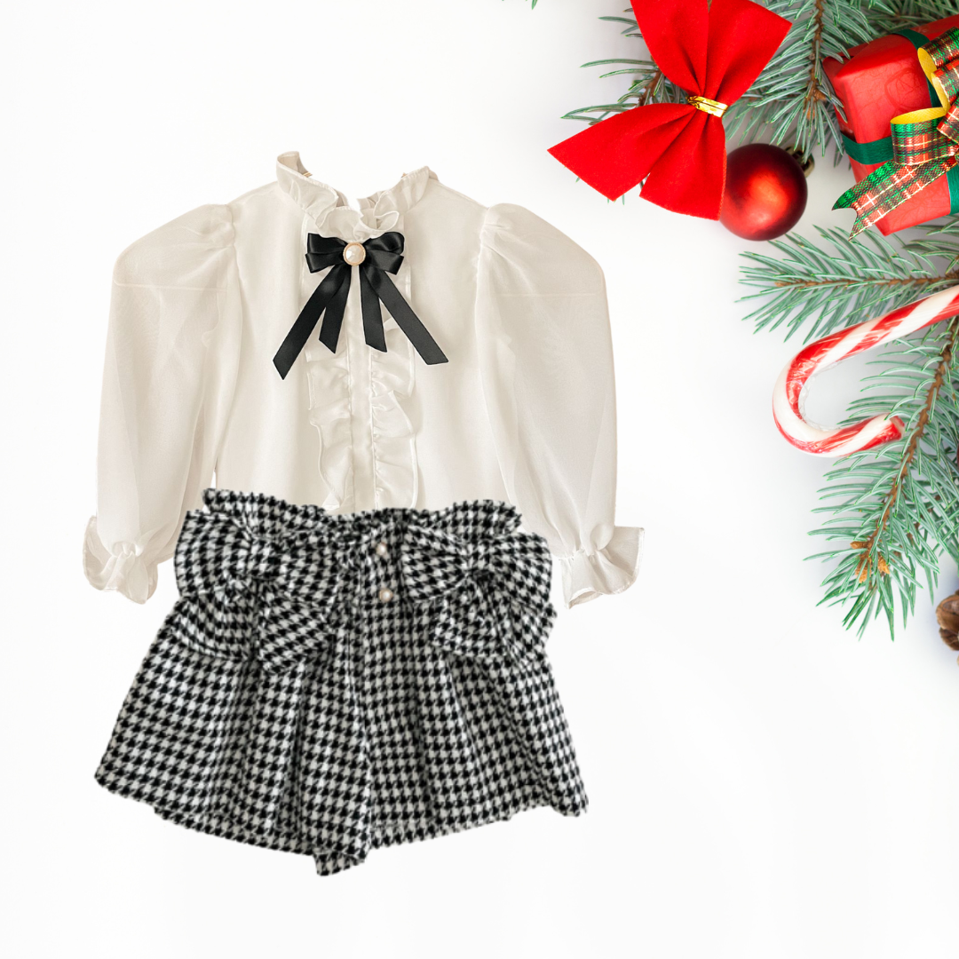 2-piece shorts set for little girls includes houndstooth shorts and white ruffle blouse