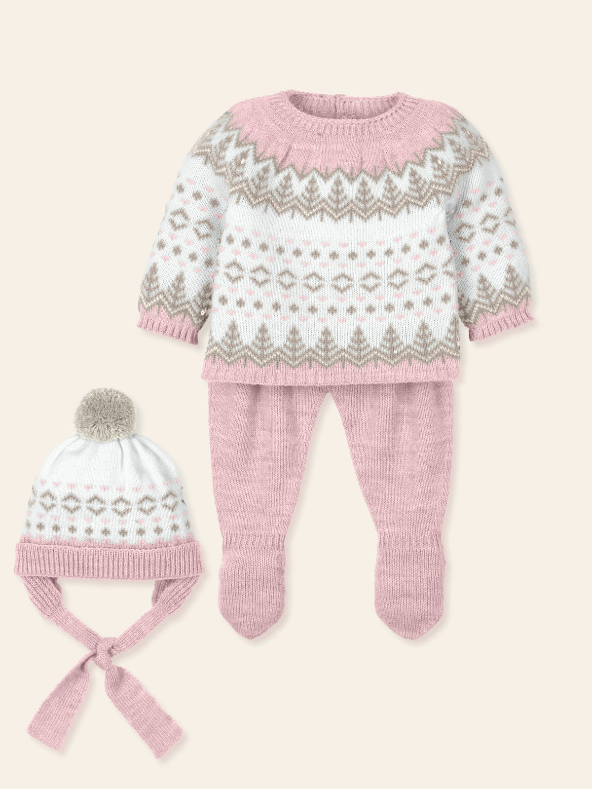 baby knitwear sweater, hat, and leggings set in winter print