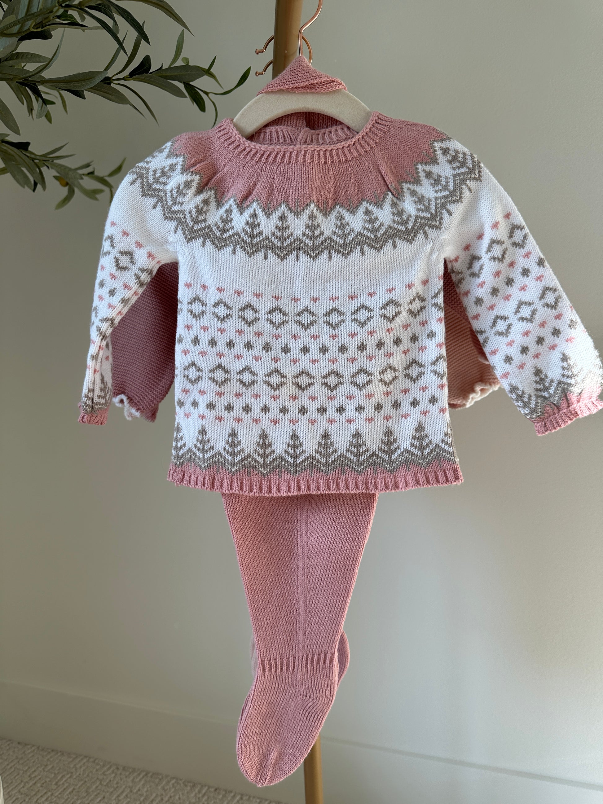 baby knitwear sweater, hat, and leggings set in winter print