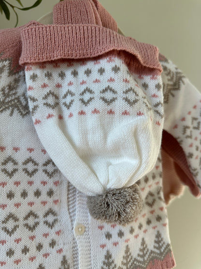 baby knitwear sweater, hat, and leggings set in winter print