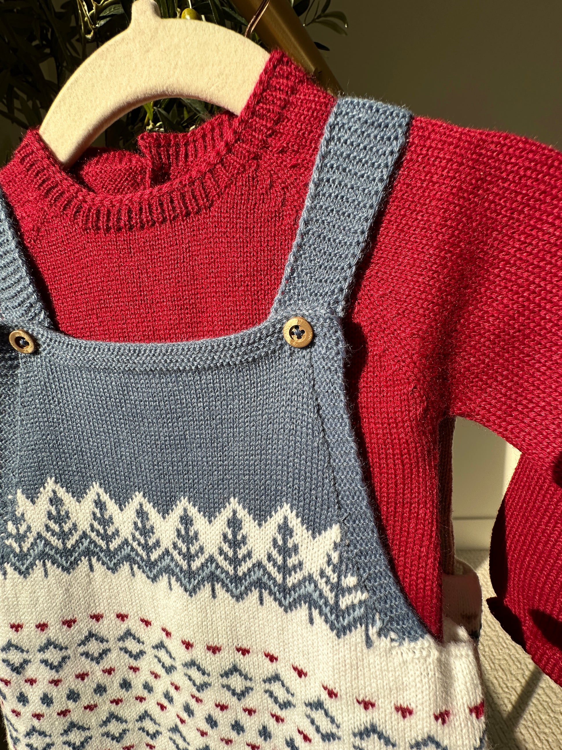 hand knitted 2-piece overall outfit for little boys in holiday fair isle design
