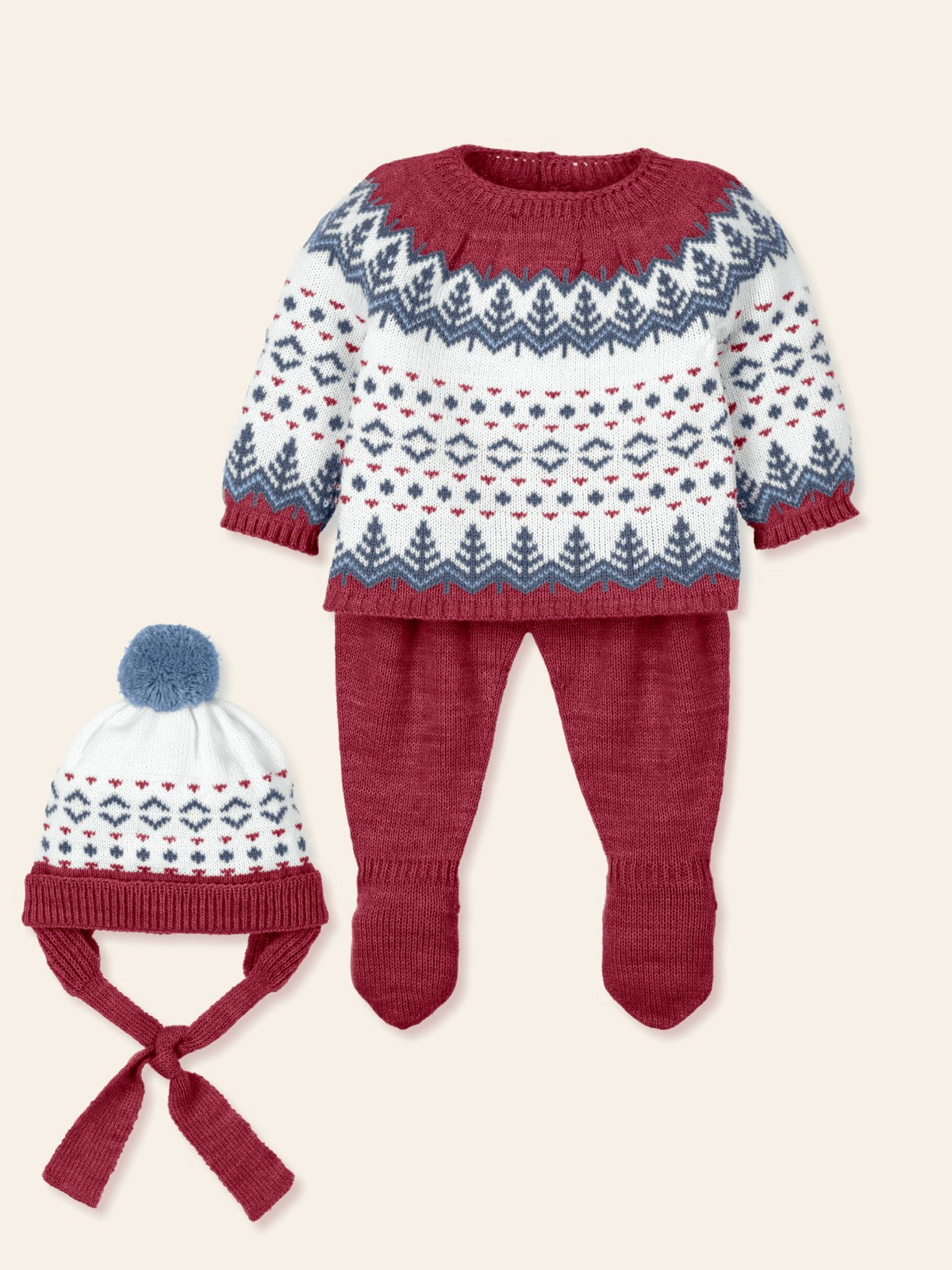 baby knitwear sweater, hat, and leggings set in holiday print